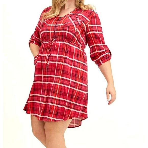 torrid Dresses & Skirts - NWOT TORRID Size 2 (2X) Pink Red Plaid Mini Challis Zip Front Shirt Dress